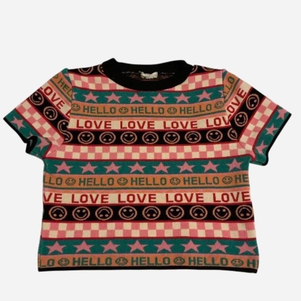 Debut Retro Graphic Knit Top Short Sleeve Smiley Face Hello Love Stars